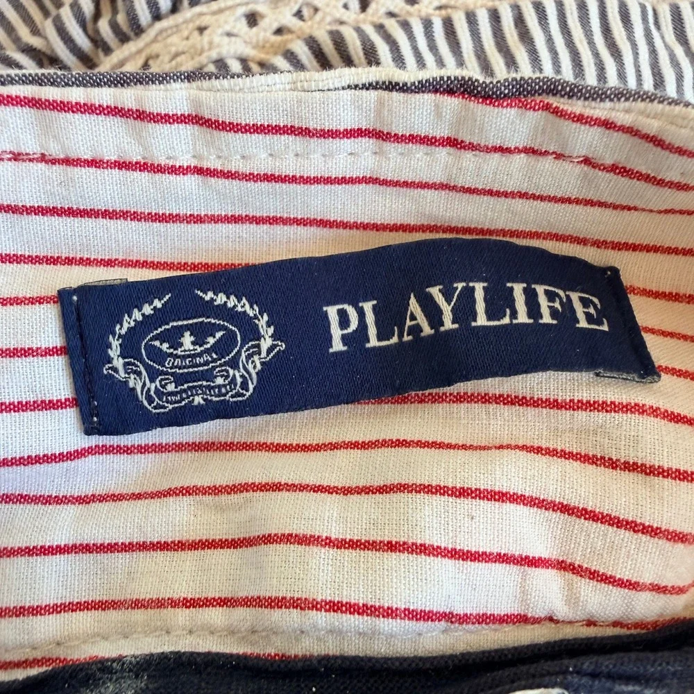 Playlife Blue White Pinstripe Nautical Ruffle Mini Skirt Lace Trim Anchor Button